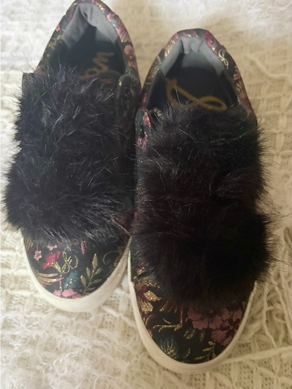 Womens Black Fur Pom Slip-On Shoes